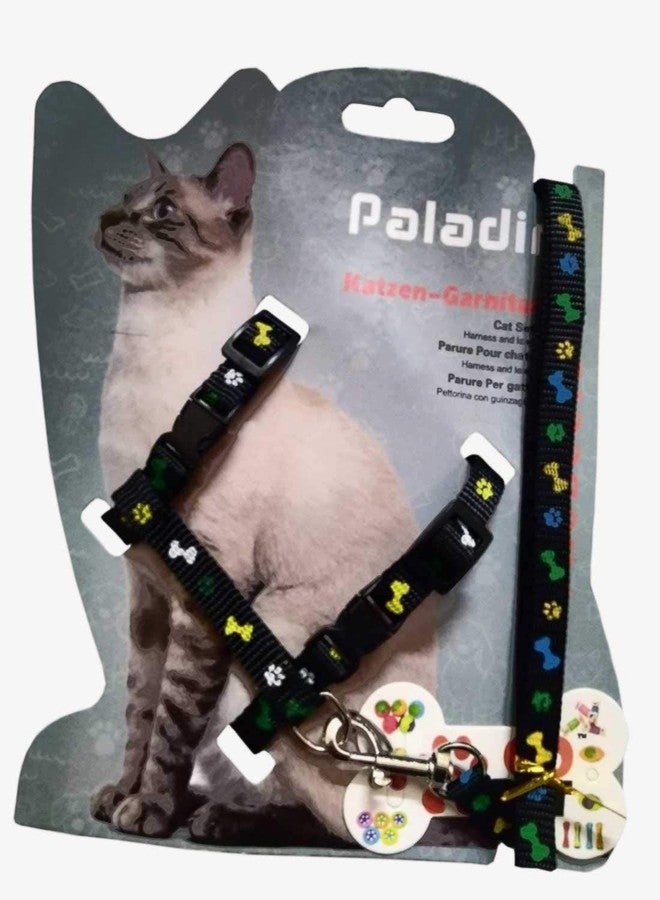 The DDS Store Cat Harness, Adjustable Nylon Strap Collar with Leash, Cat Leash and Harness Set, for Cat and Small Pet Walking Small Cat and Pet Nylon Fancy Pattern Harness Leash (Black Print) 1 Piece - Image 1
